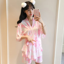 日式和服睡衣女夏季纯棉短袖可爱甜美韩版夏天薄款全棉家居服套装(粉色 XL)