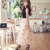 Mistletoe夏季新款明星款高腰长裙 无袖撞色拼接刺绣欧根纱连衣裙F6670(黑色 XL)