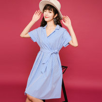 七格格2017夏装新款简约气质大摆条纹系带宽松高腰连衣裙 女N542(蓝白条纹 XL)