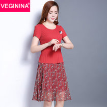 VEGININA 印花修身显瘦假两件套雪纺连衣裙 9705(红色 5XL)