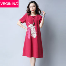 VEGININA  夏装新款大码棉麻印花中长裙短袖连衣裙 2942(红色 XXL)