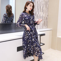 2017年春季新款连衣裙韩版印花圆领长袖中长款气质显瘦印花连衣裙(蓝色 XL)