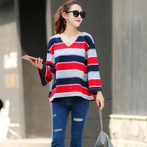 莉妮吉尔2016春秋新款女装韩版时尚休闲宽松长袖条纹T恤上衣(红色 XL)