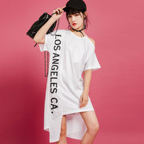 七格格2017夏装新款露肩不规则裙摆设计字母印花连衣裙女N630(白色 L)