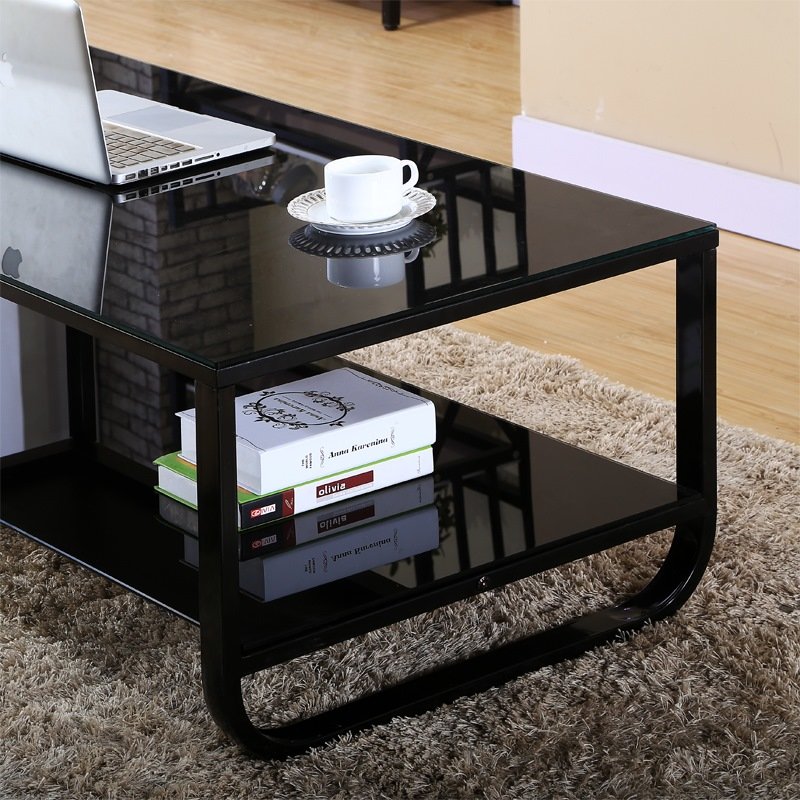 喜人缘 简约双层钢化玻璃茶几(黑腿 黑面 100*50*42cm)