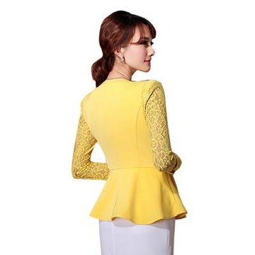 莎莱茜春秋优雅双排一粒扣小西装蕾丝长袖外套XY01318(黄色 S)