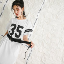 七格格2017夏装新款 时尚宽松圆领字母印花开叉中长款连衣裙X1045(白色 L)