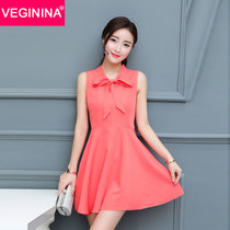 VEGININA 2017夏季新款V领连衣裙显瘦修身裙子韩版小香风无袖短裙 9373(红色 XL)