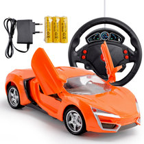 重力感应遥控车 可充电遥控车电动儿童玩具车 四通带方向盘遥控汽车跑车(橙色款-充电版)