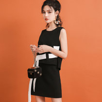 七格格2017夏装新款时尚通勤休闲圆领撞色拉链假两件连衣裙X1044(黑色 XL)