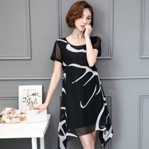 莉妮吉尔大码连衣裙女2017新款韩版不规则下摆夏装中长款雪纺短袖裙子女装(黑色 XL)